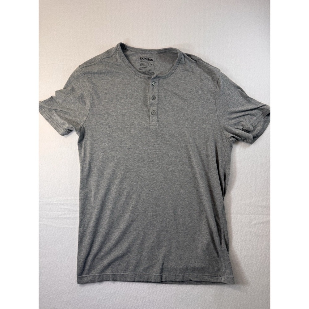 Express Slim Supersoft Mens Henley Large Gray Short Sleeve Stretch Wicking EUC